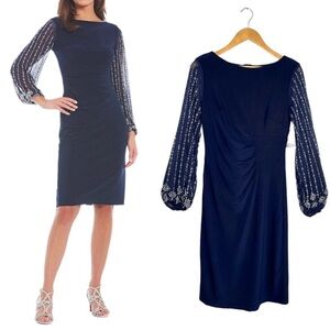 MARINA Navy Blue Silver Beaded Long Sleeve Dress NWOT